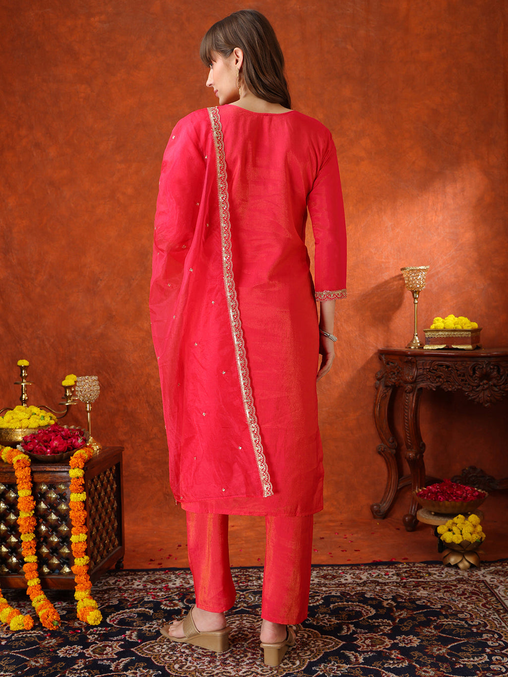 Sequin Embroidered Kurta With Pant & Embroidered Organza Dupatta, Pink - Hiral Fashion - Distacart
