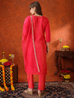 Sequin Embroidered Kurta With Pant & Embroidered Organza Dupatta, Pink - Hiral Fashion - Distacart