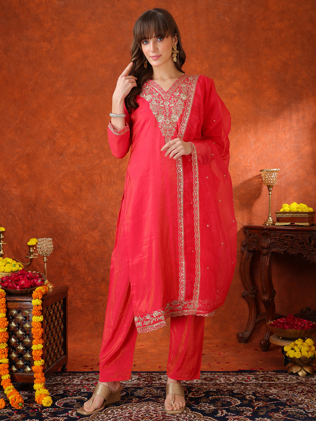 Sequin Embroidered Kurta With Pant & Embroidered Organza Dupatta, Pink - Hiral Fashion - Distacart