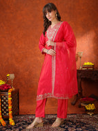Sequin Embroidered Kurta With Pant & Embroidered Organza Dupatta, Pink - Hiral Fashion - Distacart