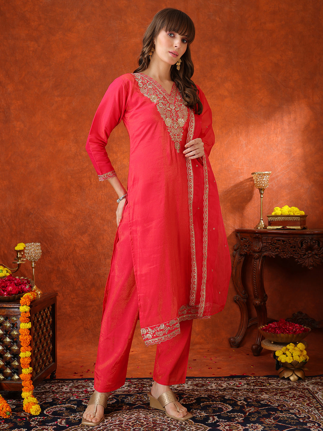 Sequin Embroidered Kurta With Pant & Embroidered Organza Dupatta, Pink - Hiral Fashion - Distacart
