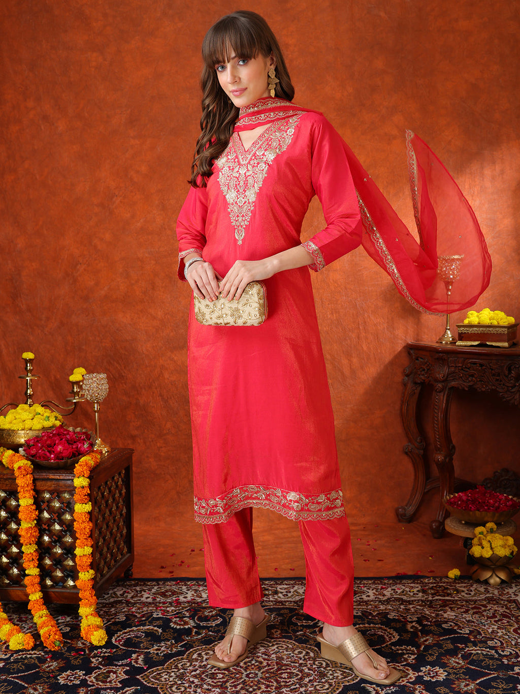 Sequin Embroidered Kurta With Pant & Embroidered Organza Dupatta, Pink - Hiral Fashion - Distacart