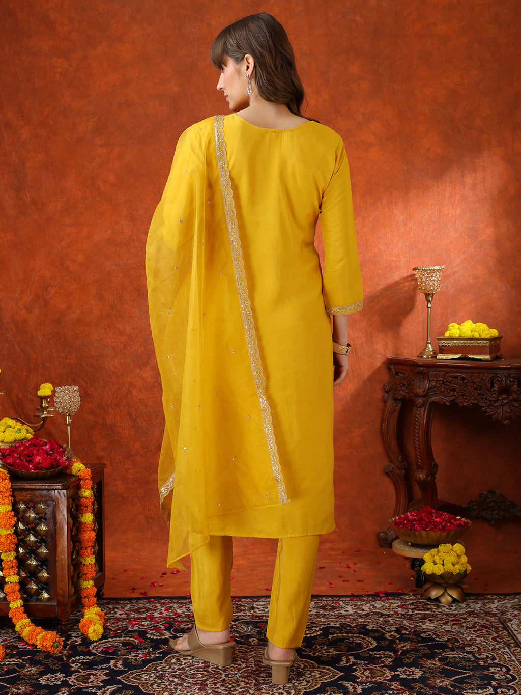 Sequin Embroidered Kurta With Pant & Embroidered Organza Dupatta, Yellow - Hiral Fashion - Distacart