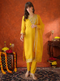 Sequin Embroidered Kurta With Pant & Embroidered Organza Dupatta, Yellow - Hiral Fashion - Distacart