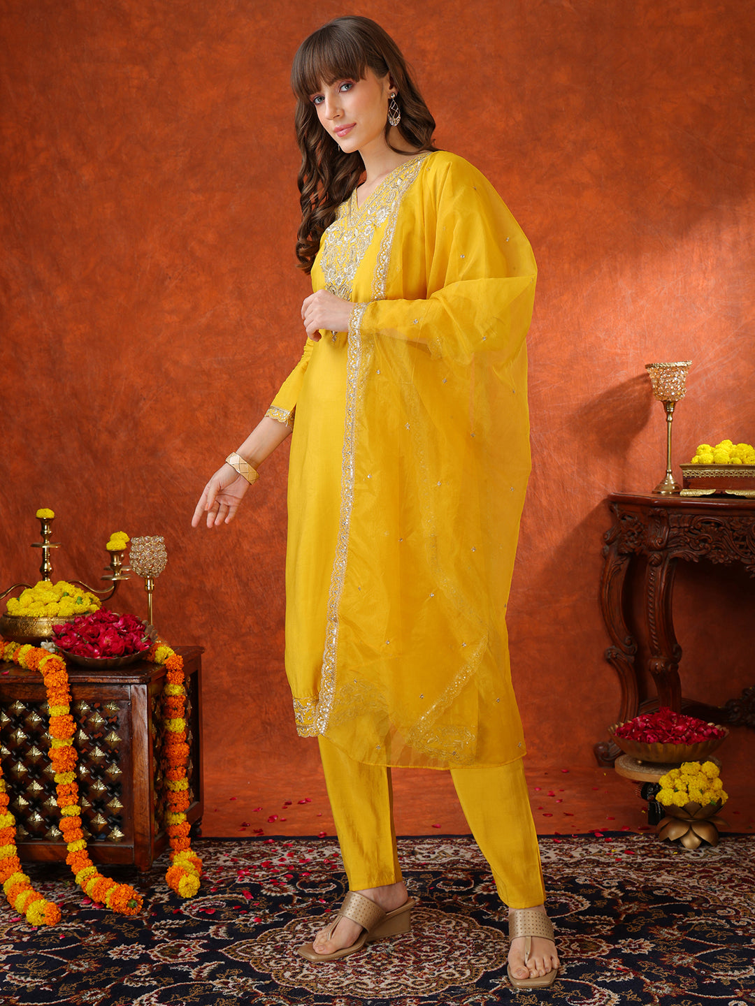 Sequin Embroidered Kurta With Pant & Embroidered Organza Dupatta, Yellow - Hiral Fashion - Distacart