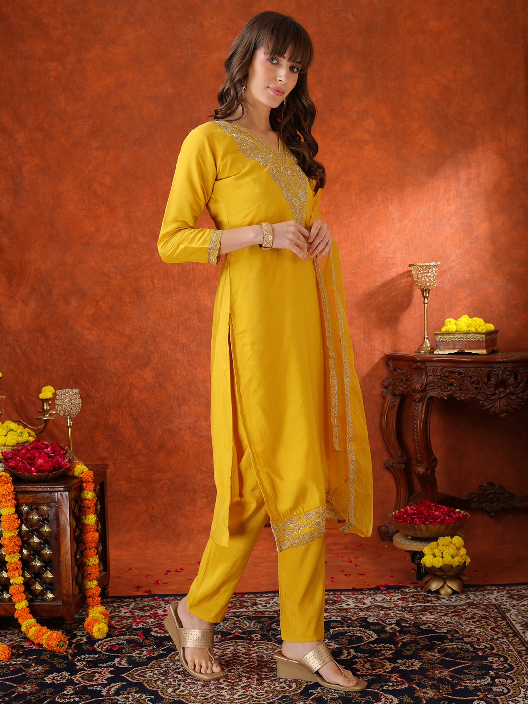 Sequin Embroidered Kurta With Pant & Embroidered Organza Dupatta, Yellow - Hiral Fashion - Distacart