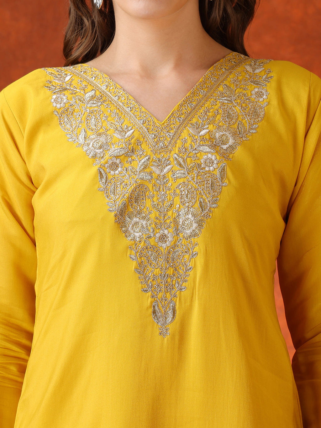 Sequin Embroidered Kurta With Pant & Embroidered Organza Dupatta, Yellow - Hiral Fashion - Distacart