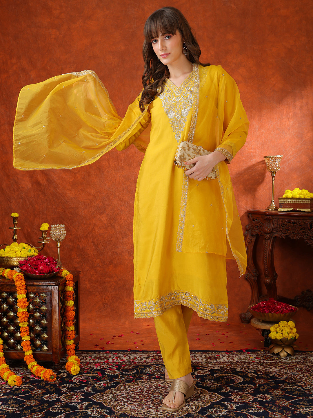 Sequin Embroidered Kurta With Pant & Embroidered Organza Dupatta, Yellow - Hiral Fashion - Distacart