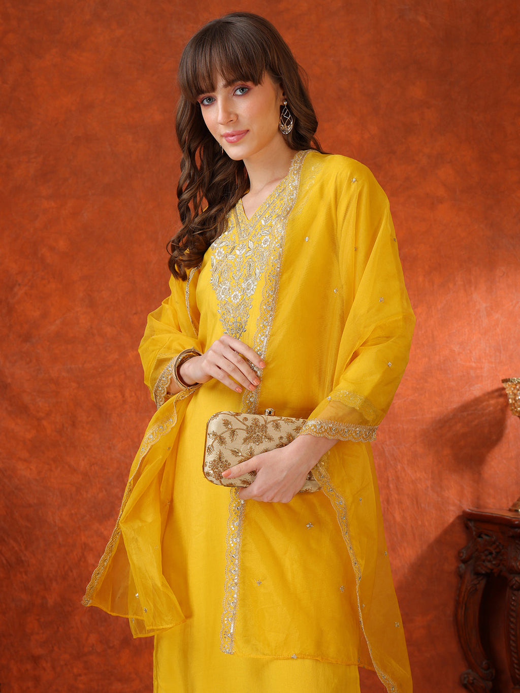 Sequin Embroidered Kurta With Pant & Embroidered Organza Dupatta, Yellow - Hiral Fashion - Distacart