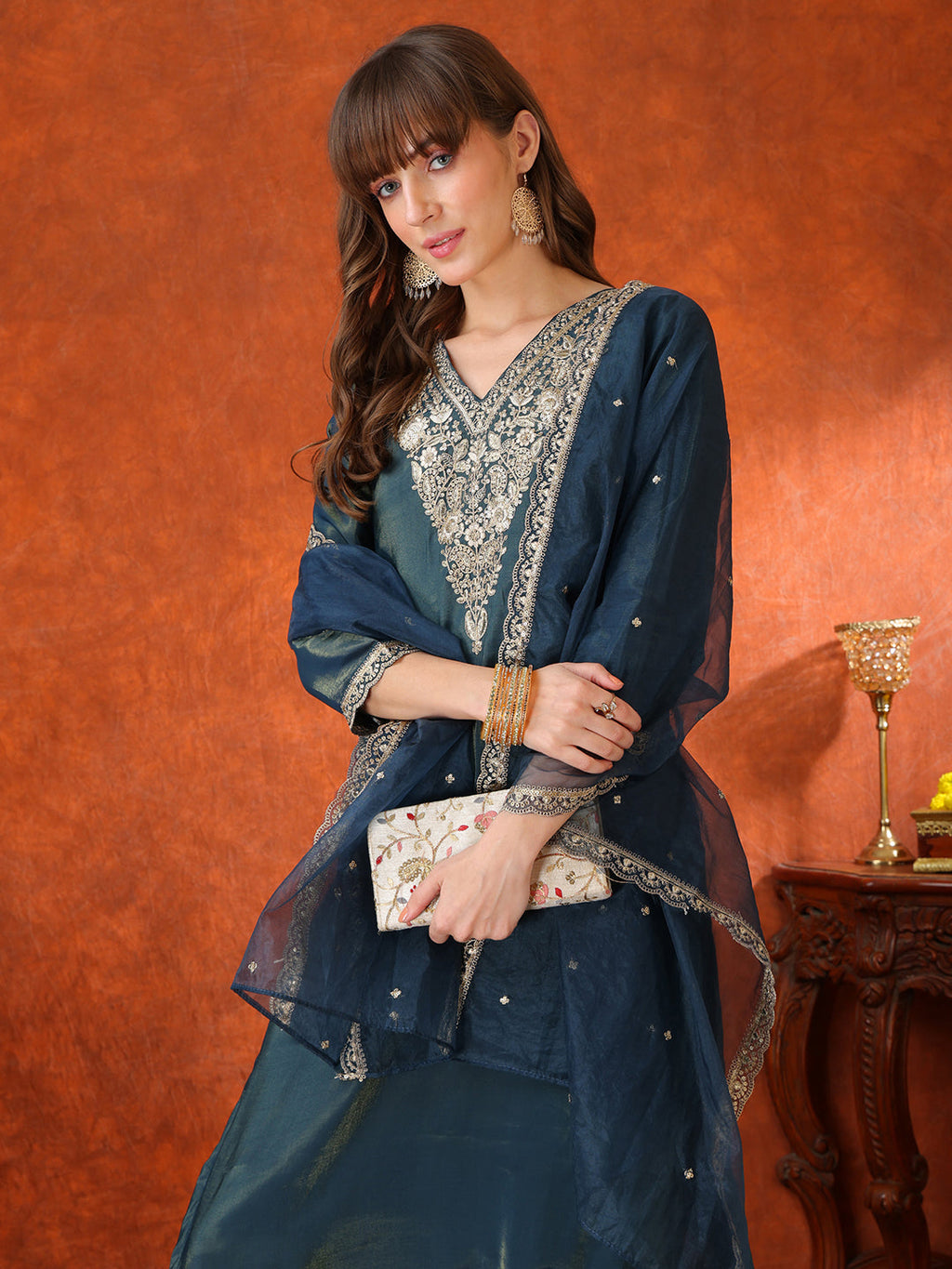 Sequin Embroidered Kurta With Pant & Embroidered Organza Dupatta, Teal - Hiral Fashion - Distacart
