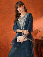 Sequin Embroidered Kurta With Pant & Embroidered Organza Dupatta, Teal - Hiral Fashion - Distacart