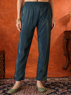 Sequin Embroidered Kurta With Pant & Embroidered Organza Dupatta, Teal - Hiral Fashion - Distacart