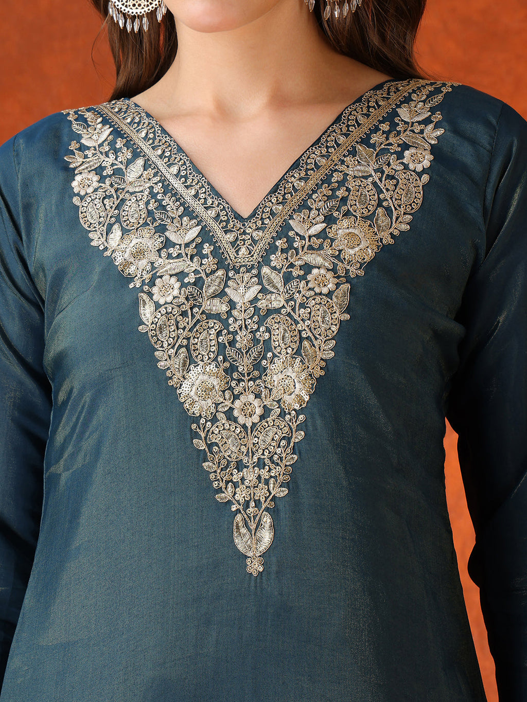 Sequin Embroidered Kurta With Pant & Embroidered Organza Dupatta, Teal - Hiral Fashion - Distacart