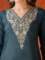 Sequin Embroidered Kurta With Pant & Embroidered Organza Dupatta, Teal - Hiral Fashion - Distacart