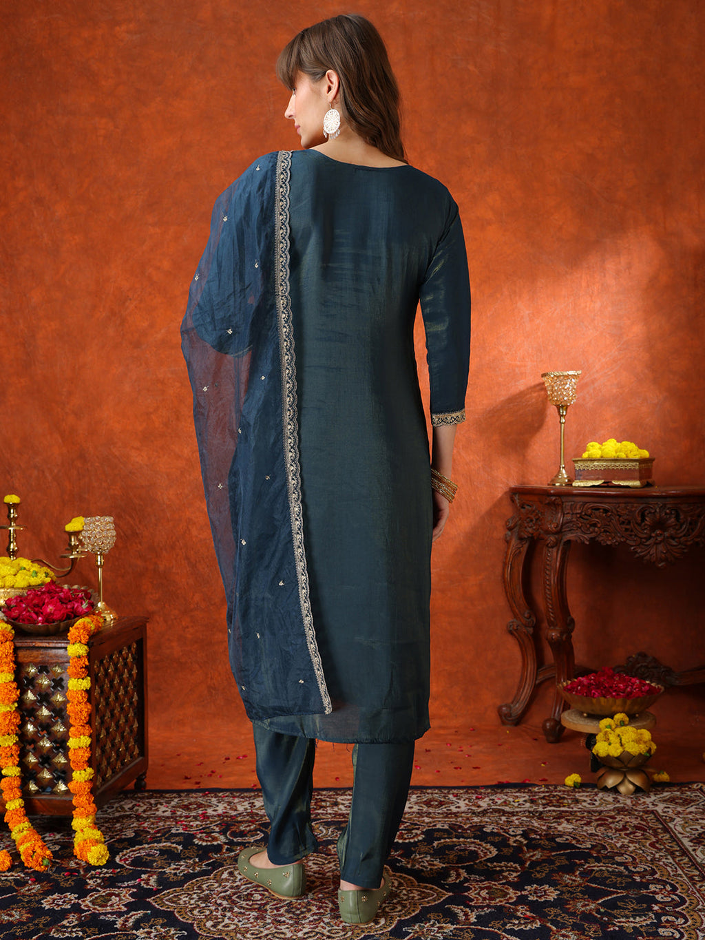 Sequin Embroidered Kurta With Pant & Embroidered Organza Dupatta, Teal - Hiral Fashion - Distacart