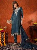 Sequin Embroidered Kurta With Pant & Embroidered Organza Dupatta, Teal - Hiral Fashion - Distacart