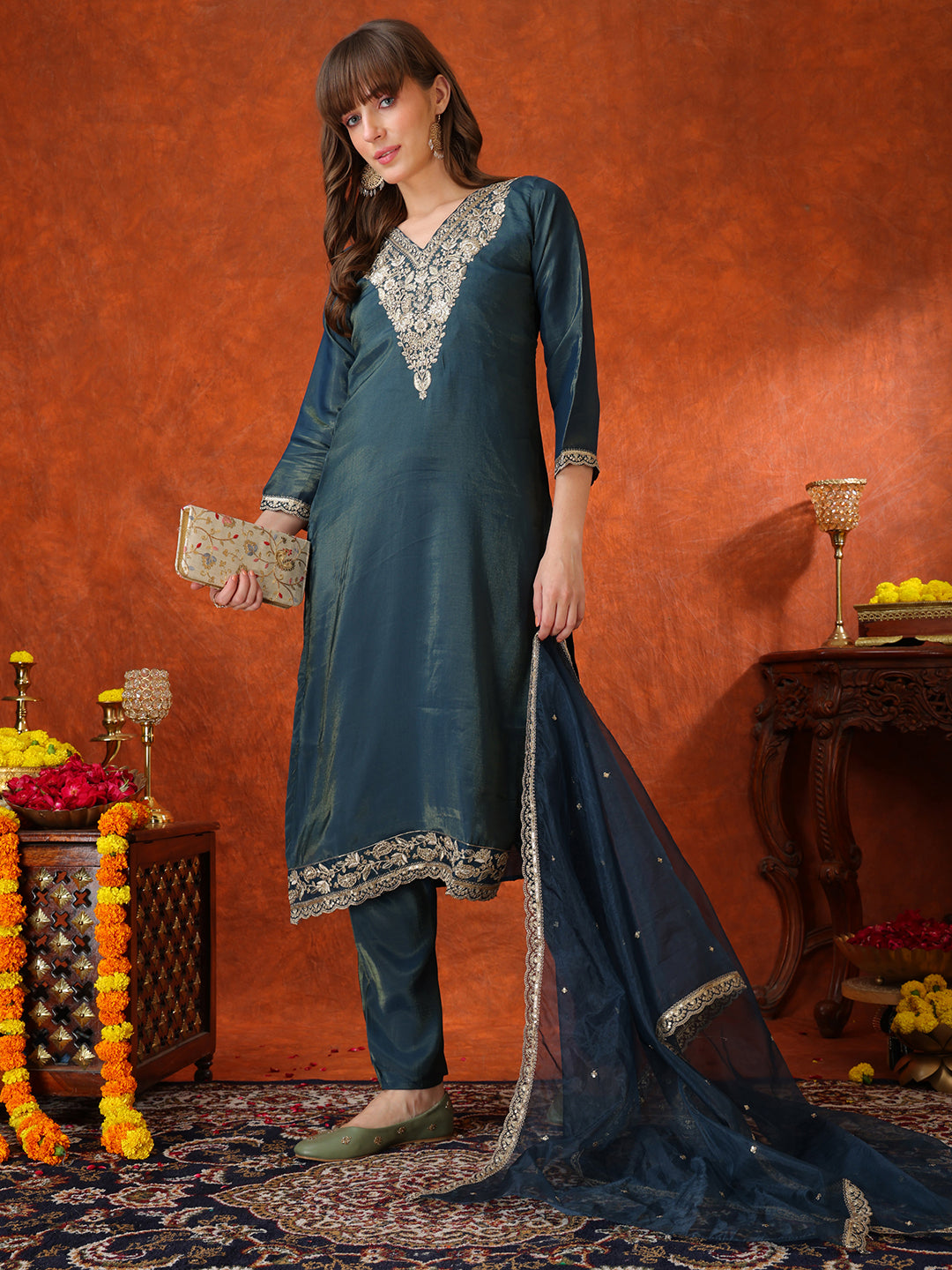 Sequin Embroidered Kurta With Pant & Embroidered Organza Dupatta, Teal - Hiral Fashion - Distacart