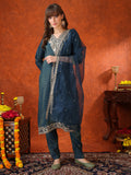 Sequin Embroidered Kurta With Pant & Embroidered Organza Dupatta, Teal - Hiral Fashion - Distacart