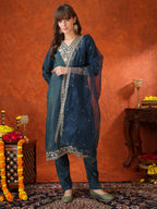 Sequin Embroidered Kurta With Pant & Embroidered Organza Dupatta, Teal - Hiral Fashion - Distacart