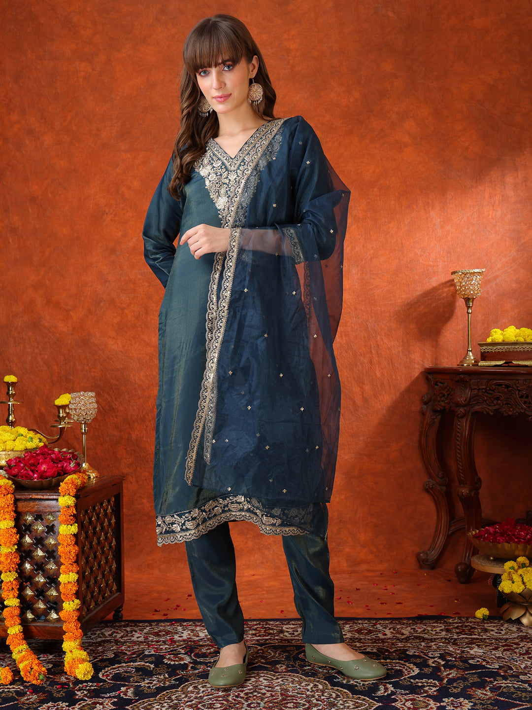 Sequin Embroidered Kurta With Pant & Embroidered Organza Dupatta, Teal - Hiral Fashion - Distacart