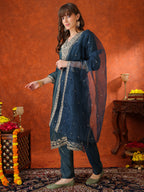 Sequin Embroidered Kurta With Pant & Embroidered Organza Dupatta, Teal - Hiral Fashion - Distacart