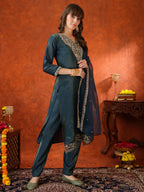 Sequin Embroidered Kurta With Pant & Embroidered Organza Dupatta, Teal - Hiral Fashion - Distacart