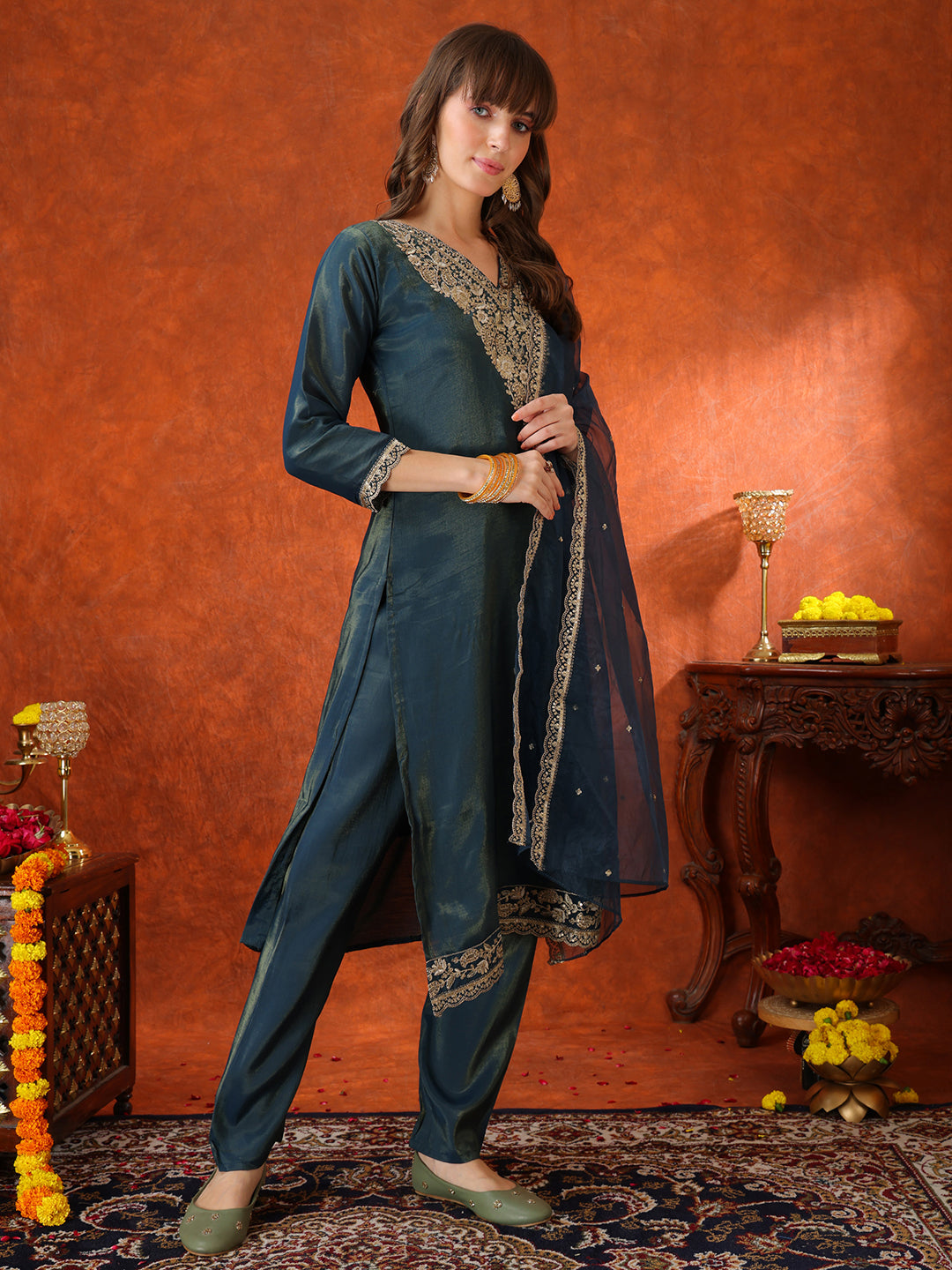 Sequin Embroidered Kurta With Pant & Embroidered Organza Dupatta, Teal - Hiral Fashion - Distacart