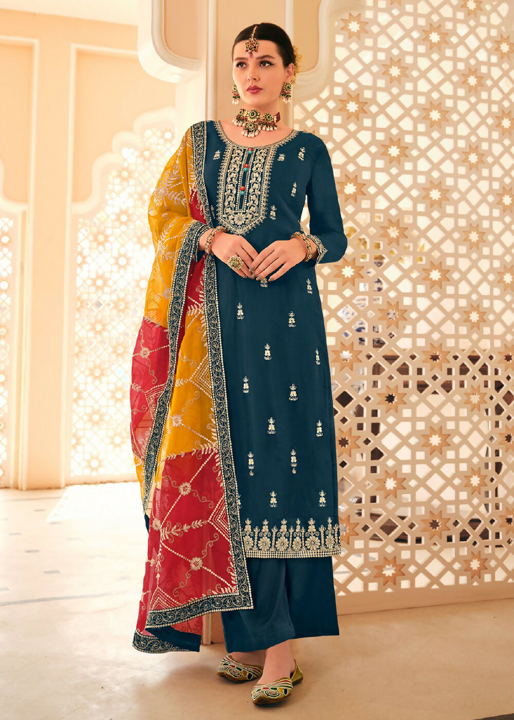 Dazzling Teal Embroidered Chinnon Palazzo Salwar Kurta - Emponline
