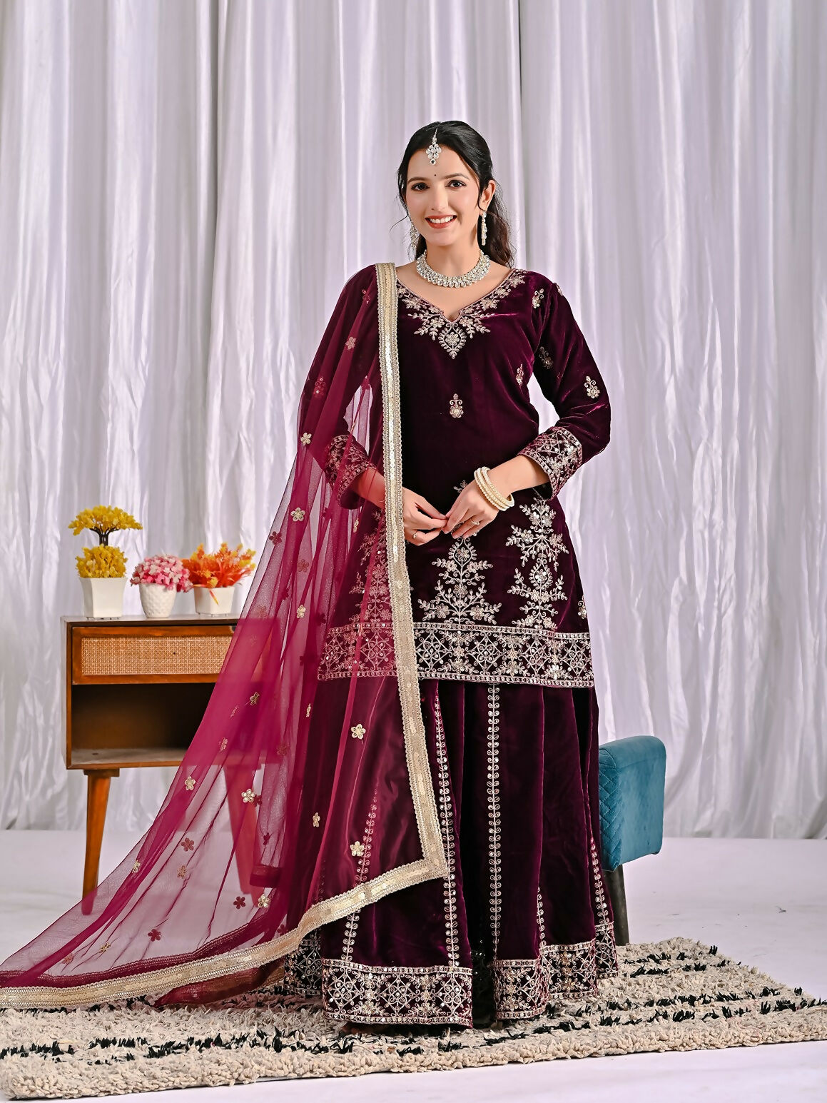 Joban Fashion Wine Velvet Sequence Embroidery Work Kurta Set - Distacart