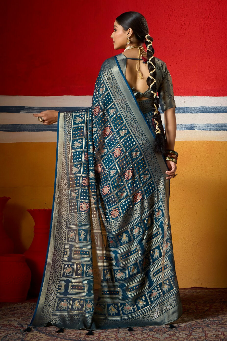 Joban Fashion Teal Blue Dull Moss Brasso Saree - Distacart