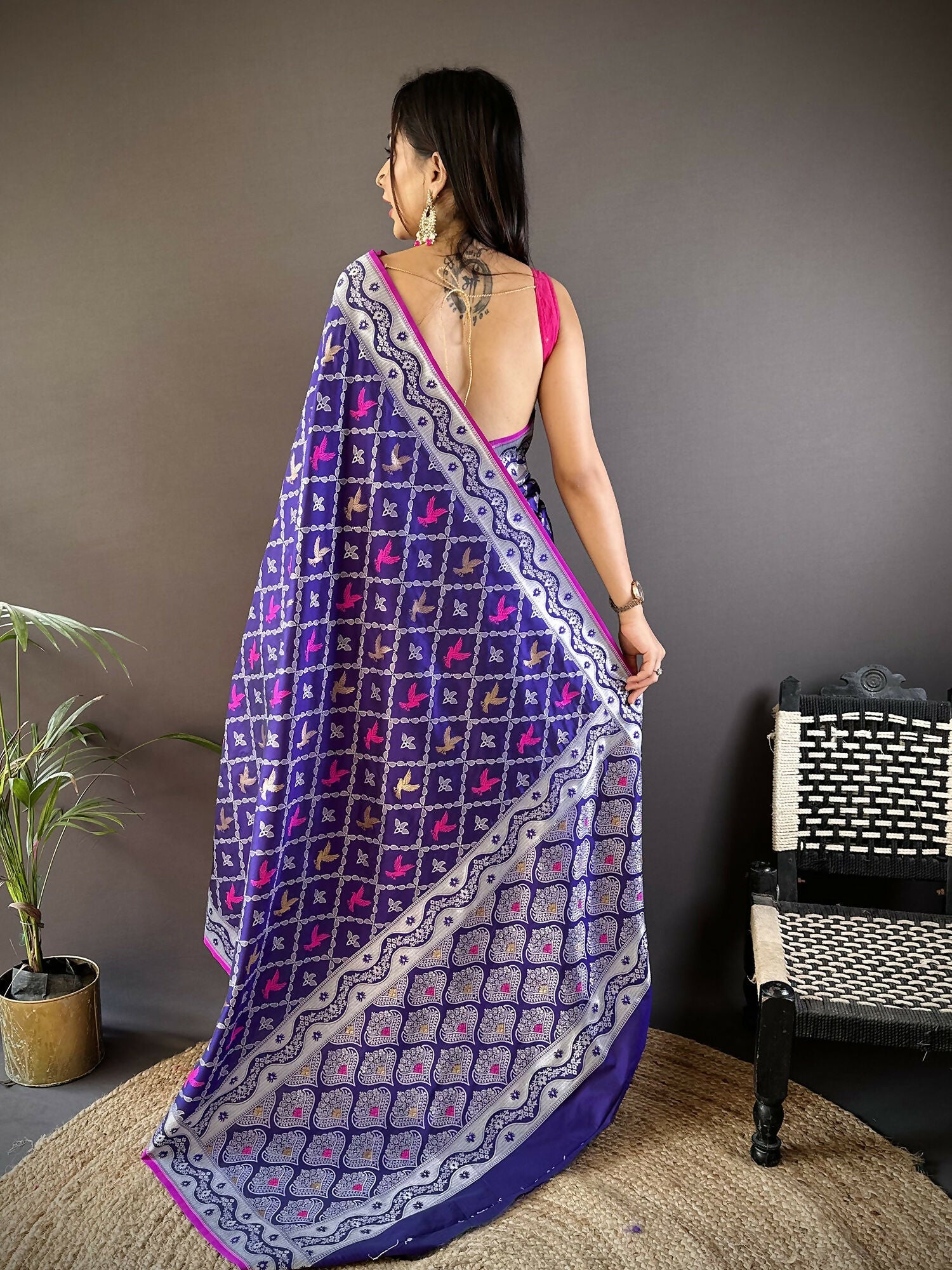 Joban Fashion Blue Jacquard Woven Pattern Lichi Soft Silk Banarasi Saree