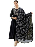 The52 Black Women's Beautiful Embroidered work Chinon Fabric with Flared Kurta, Pant and Dupatta Set - Distacart