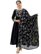 The52 Black Women's Beautiful Embroidered work Chinon Fabric with Flared Kurta, Pant and Dupatta Set - Distacart