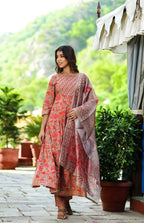 Yufta Women Red Floral Yoke Design Regular Aari Work Pure Cotton Kurta with Trouser & With Dupatta