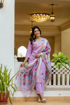 The52 Lavender Women's Gorgeous Embroidered work Viscose Gadhwal Fabric Straight Kurta, Pant and Dupatta Set - Distacart