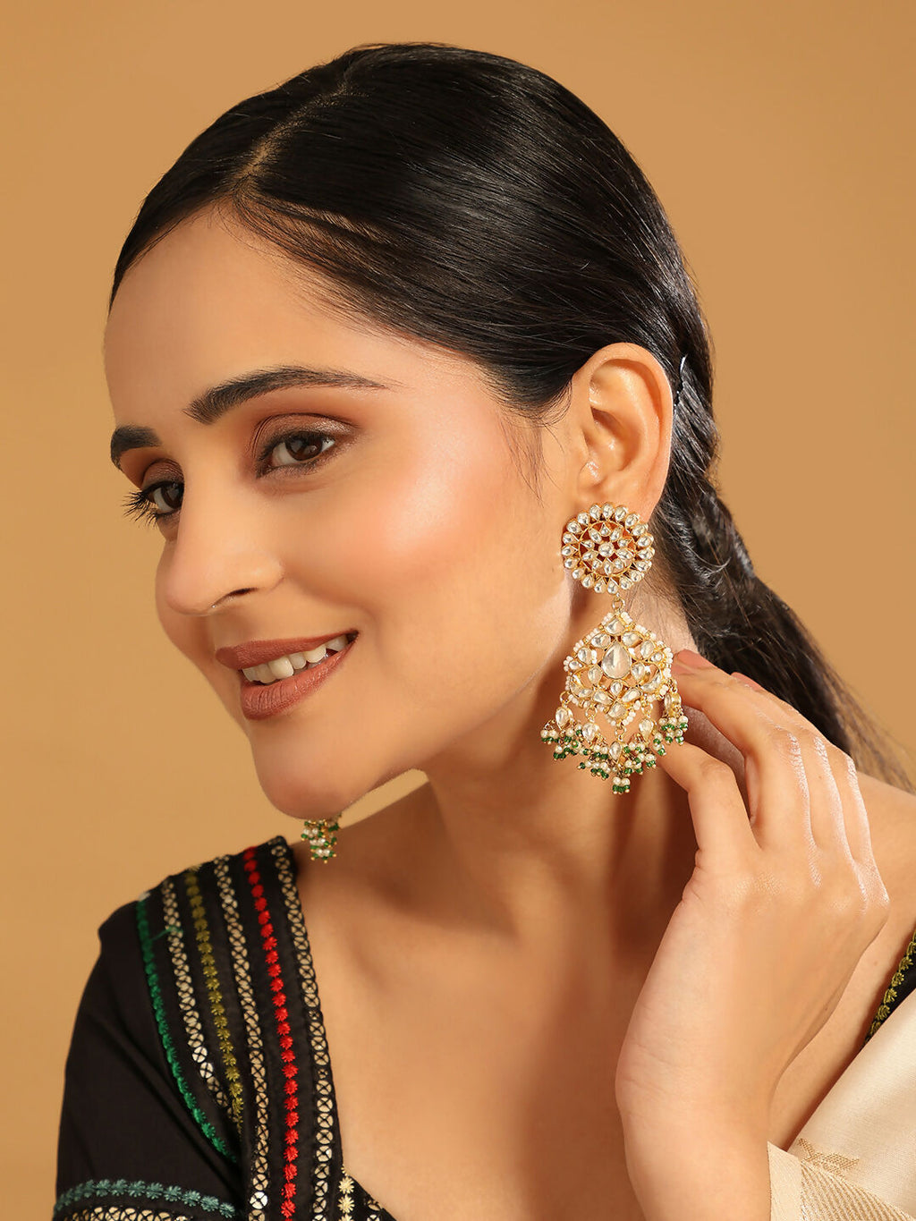 Nuyug 22K Gold Plated Traditional Kundan Studded Contemporary Dangler Earrings with Pearl and Green Bead Accents - Distacart