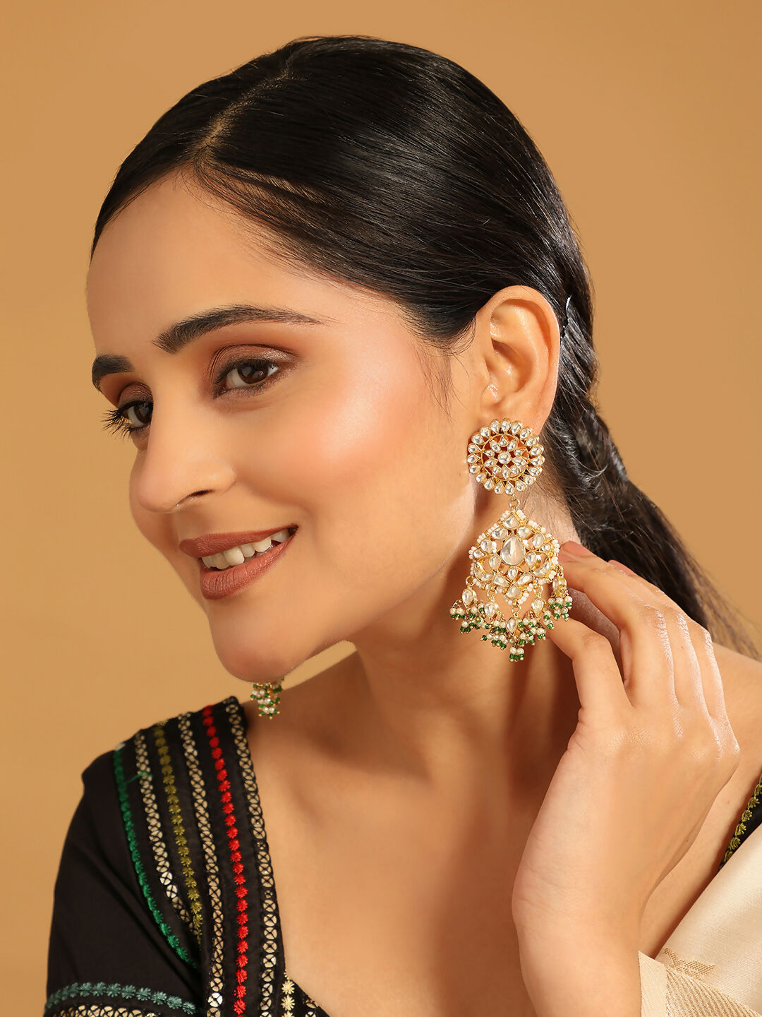 Nuyug 22K Gold Plated Traditional Kundan Studded Contemporary Dangler Earrings with Pearl and Green Bead Accents - Distacart