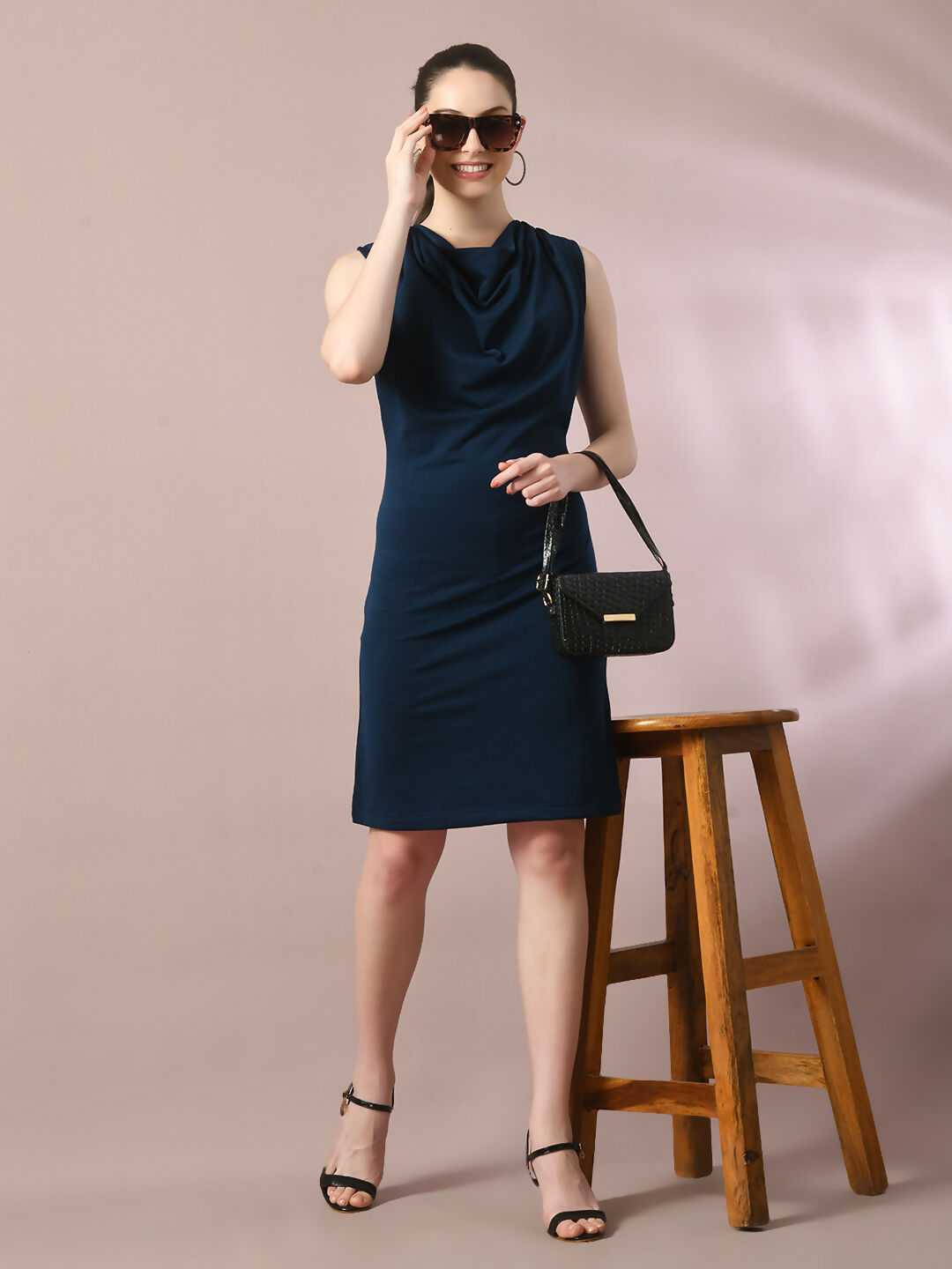 Myshka Women's Navy Blue Solid Cowl Neck Bodycon Party Dress - Distacart