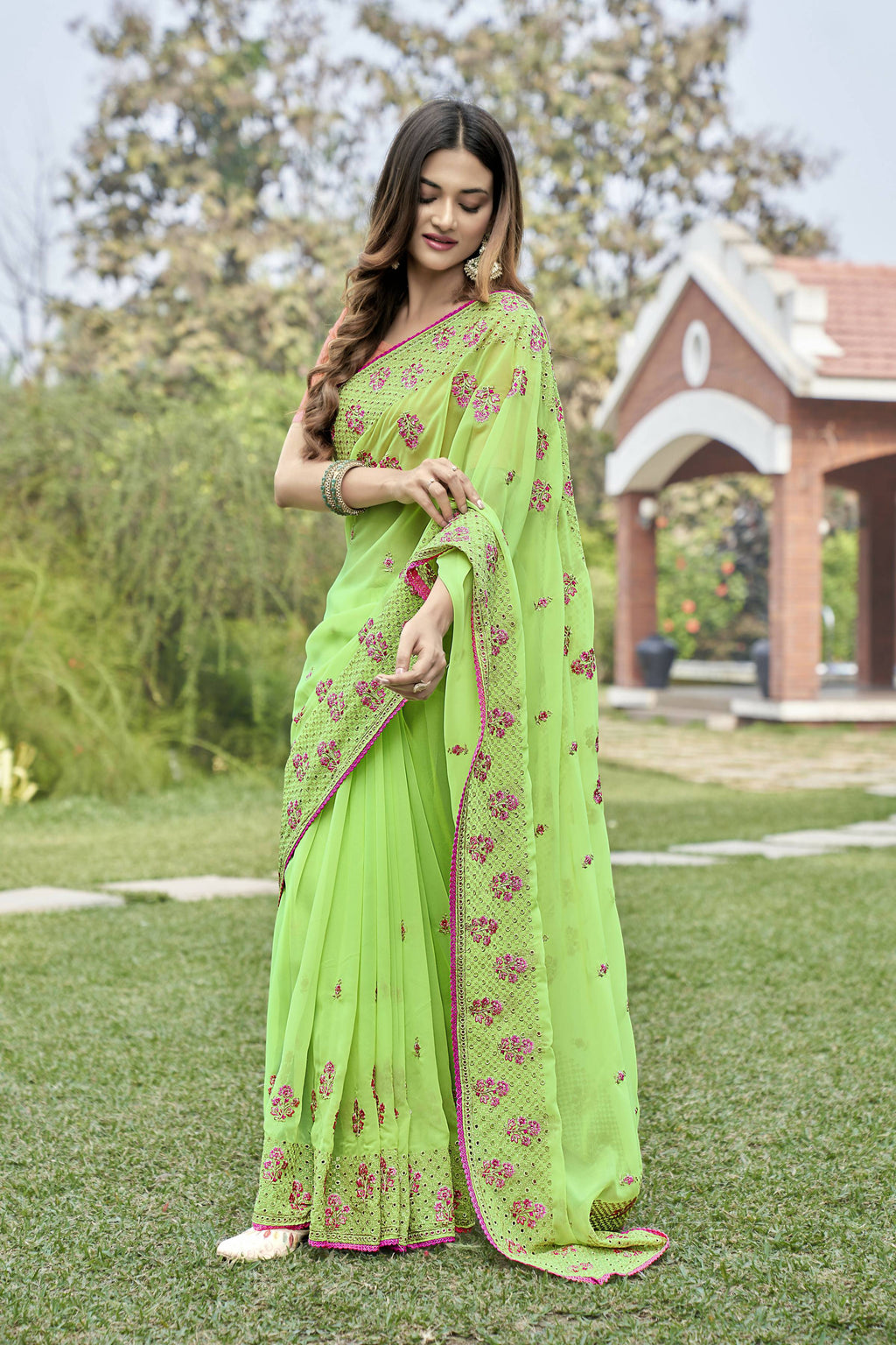 Vamsee Rashmika 2.0 Green Georgette Silk Saree