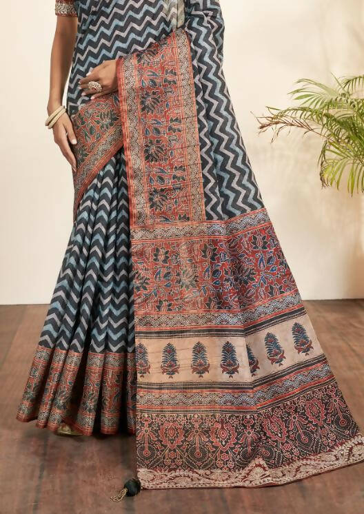 Blue Bhagalpuri Silk Stripe printed with Stone Work & Hand Work Saree - Norita Nirvi