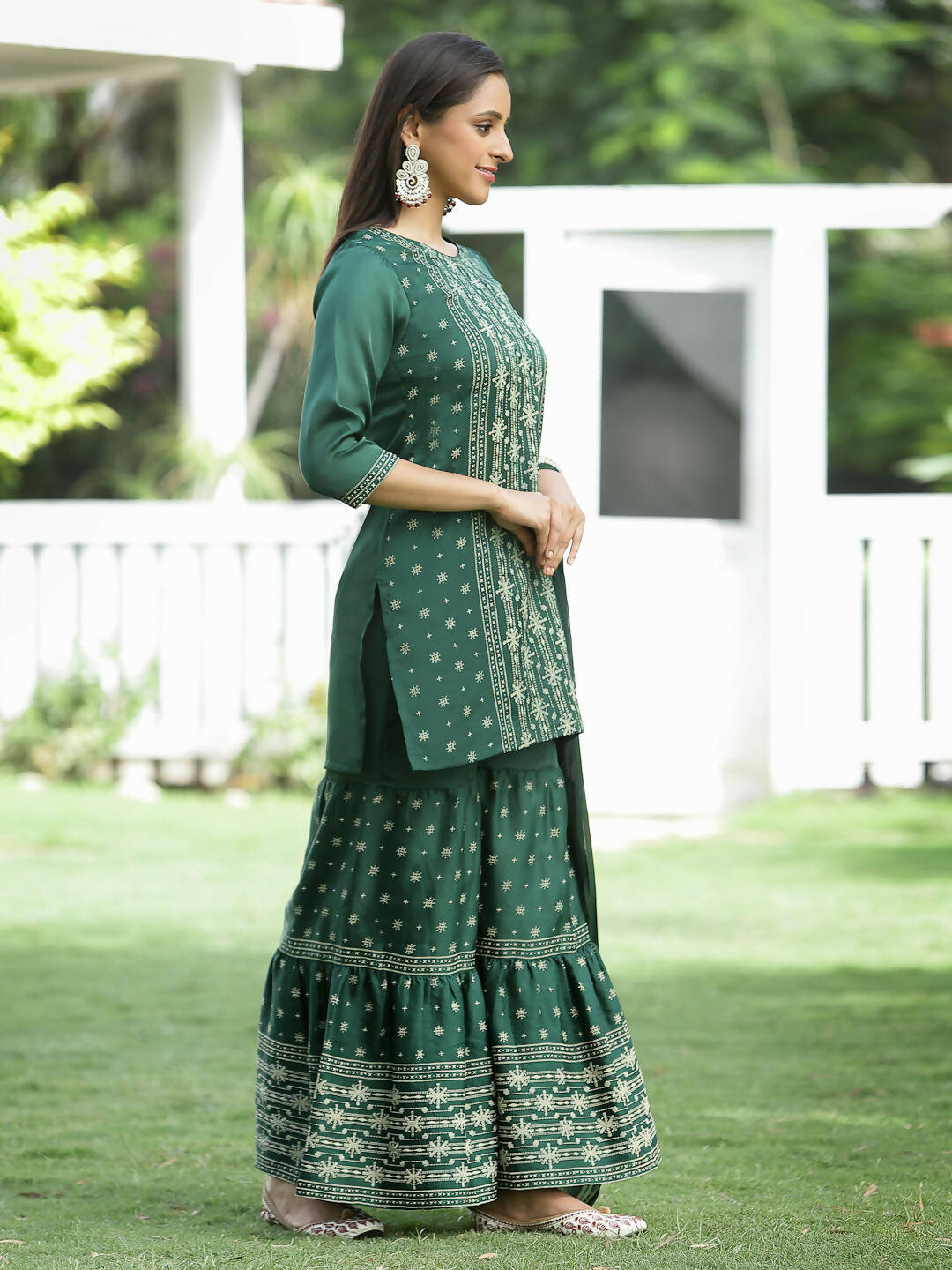 Juniper Green Mono Viscose Festive Wear Printed Straight Kurta Sharara Dupatta Set - Distacart
