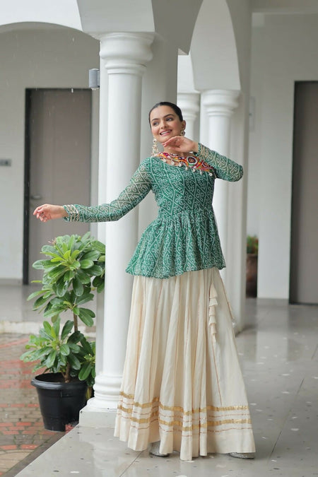 Teeya Creation Green And White Colour Cotton Printed Navratri Lehenga Choli