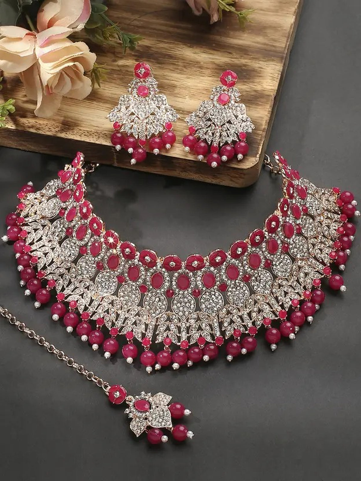 Jewel City Beads Choker Necklace Set with Earrings for Women – Silver-Tone Bridal & Party Wear Jewelry