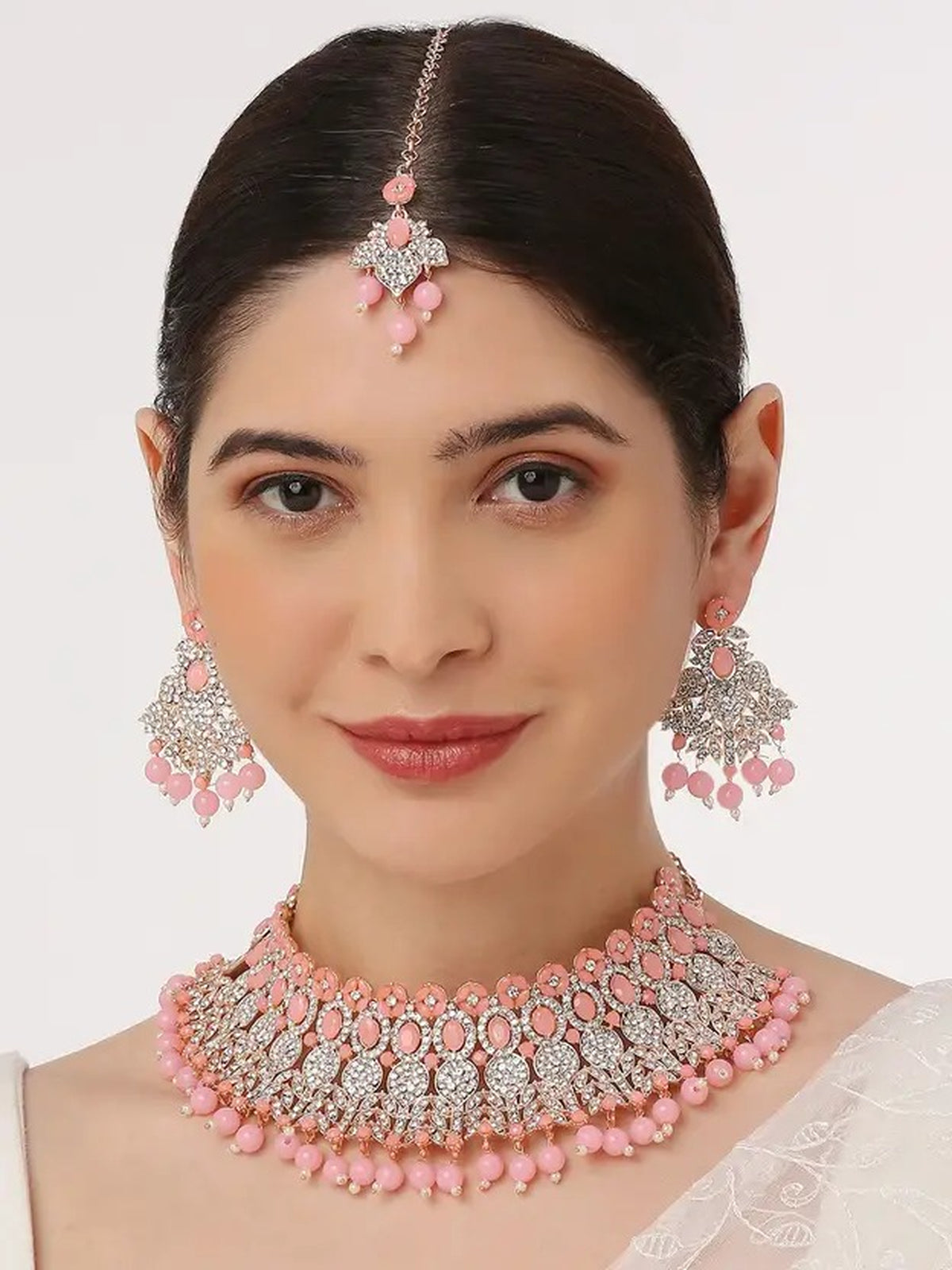 Jewel City Beads Choker Necklace Set with Earrings for Women – Silver-Tone Bridal & Party Wear Jewelry