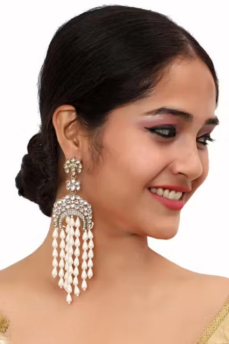 Jewel City Elegant Kundan & Pearl Long Chandelier Earrings for Women & Girls | Traditional Gold-Plated Indian Wedding Jewelry