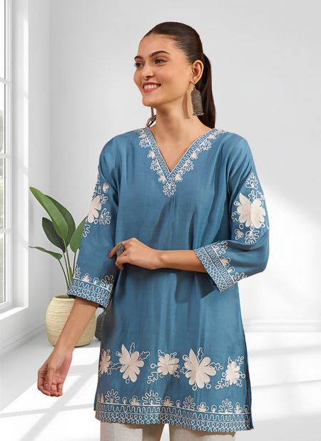 Joban Fashion Teal Silk Embroidered Readymade Tunic