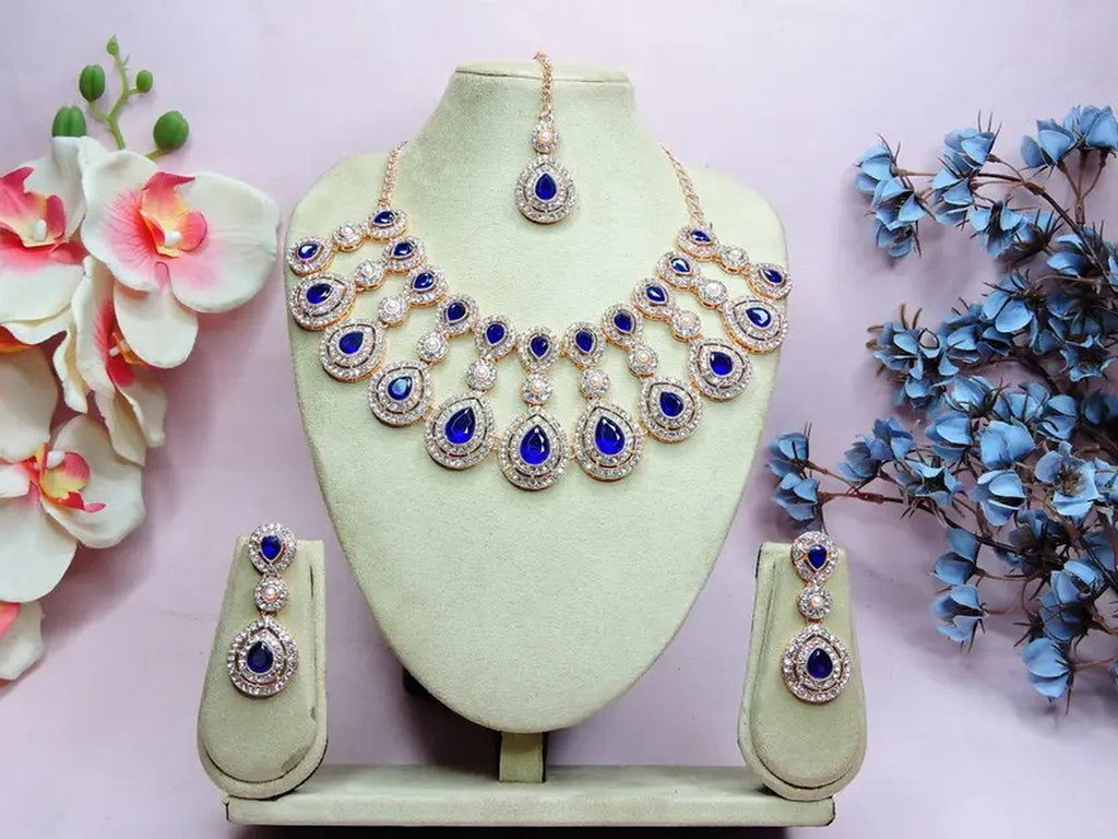 Jewel City Rose Gold-Plated Necklace Set with Earrings & Maang Tikka for Women – Sparkling Bridal Party Jewelry
