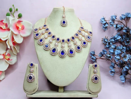 Jewel City Rose Gold-Plated Necklace Set with Earrings & Maang Tikka for Women – Sparkling Bridal Party Jewelry