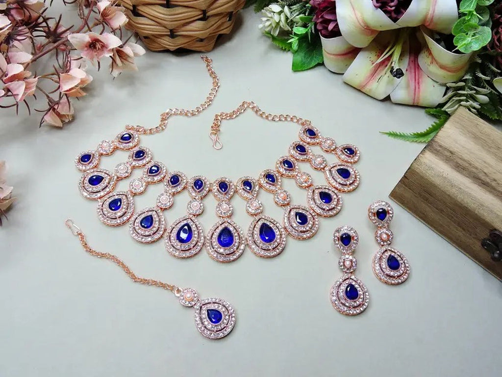 Jewel City Rose Gold-Plated Necklace Set with Earrings & Maang Tikka for Women – Sparkling Bridal Party Jewelry
