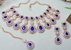 Jewel City Rose Gold-Plated Necklace Set with Earrings & Maang Tikka for Women – Sparkling Bridal Party Jewelry